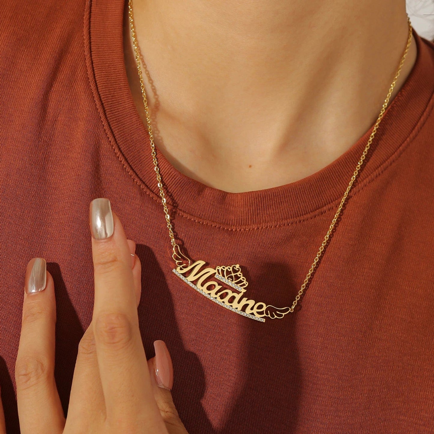 Custom Crowned Name Necklace With Wings