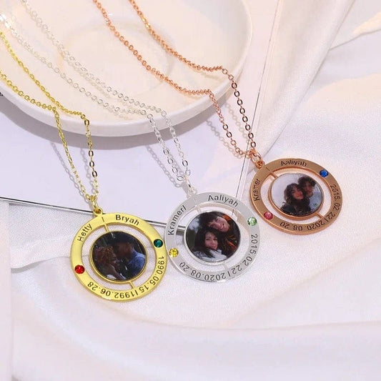 Custom Family Photo Necklace With Birthstone & Engraving