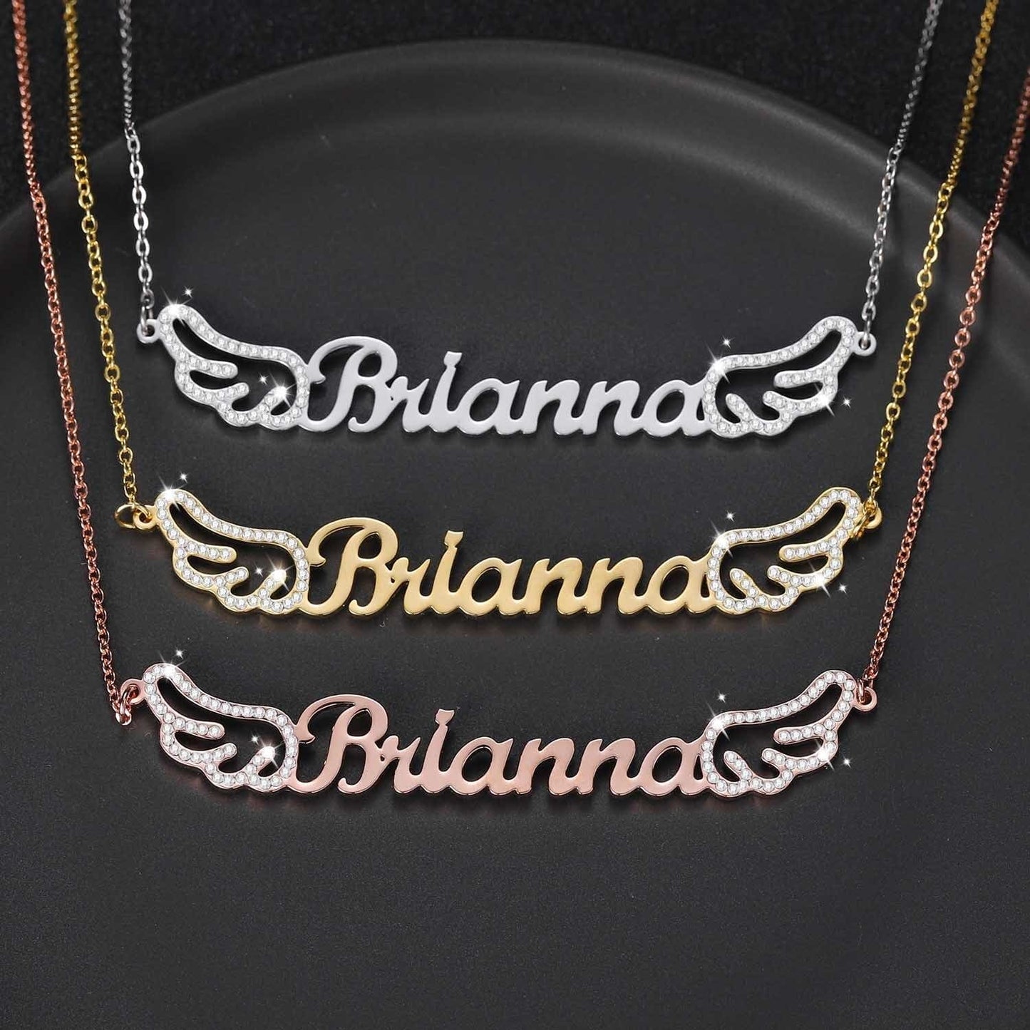 Custom Nameplate Necklace With Angel Wings