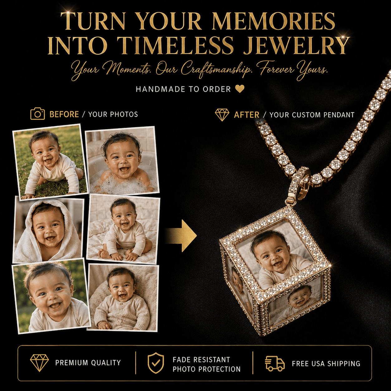 Custom 6-Photo 3D Cube Pendant Necklace