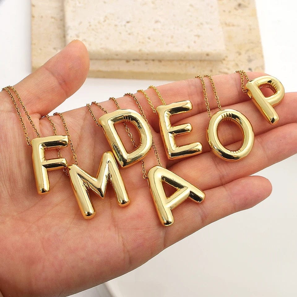 Gold Balloon Bubble Letter Initial Pendant Necklace