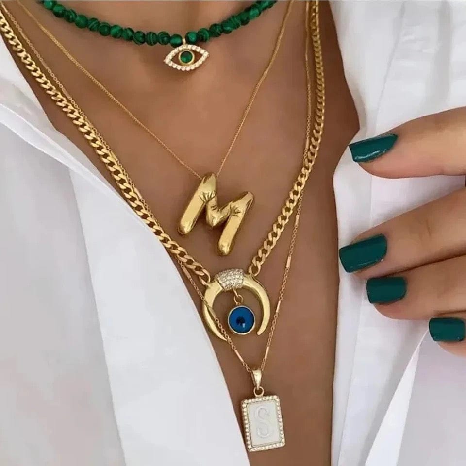 Gold Balloon Bubble Letter Initial Pendant Necklace
