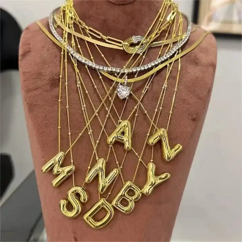 Gold Balloon Bubble Letter Initial Pendant Necklace