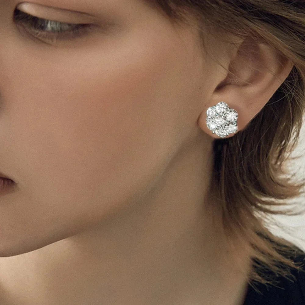 Moissanite Flower Cluster Earrings In 925 Sterling Silver