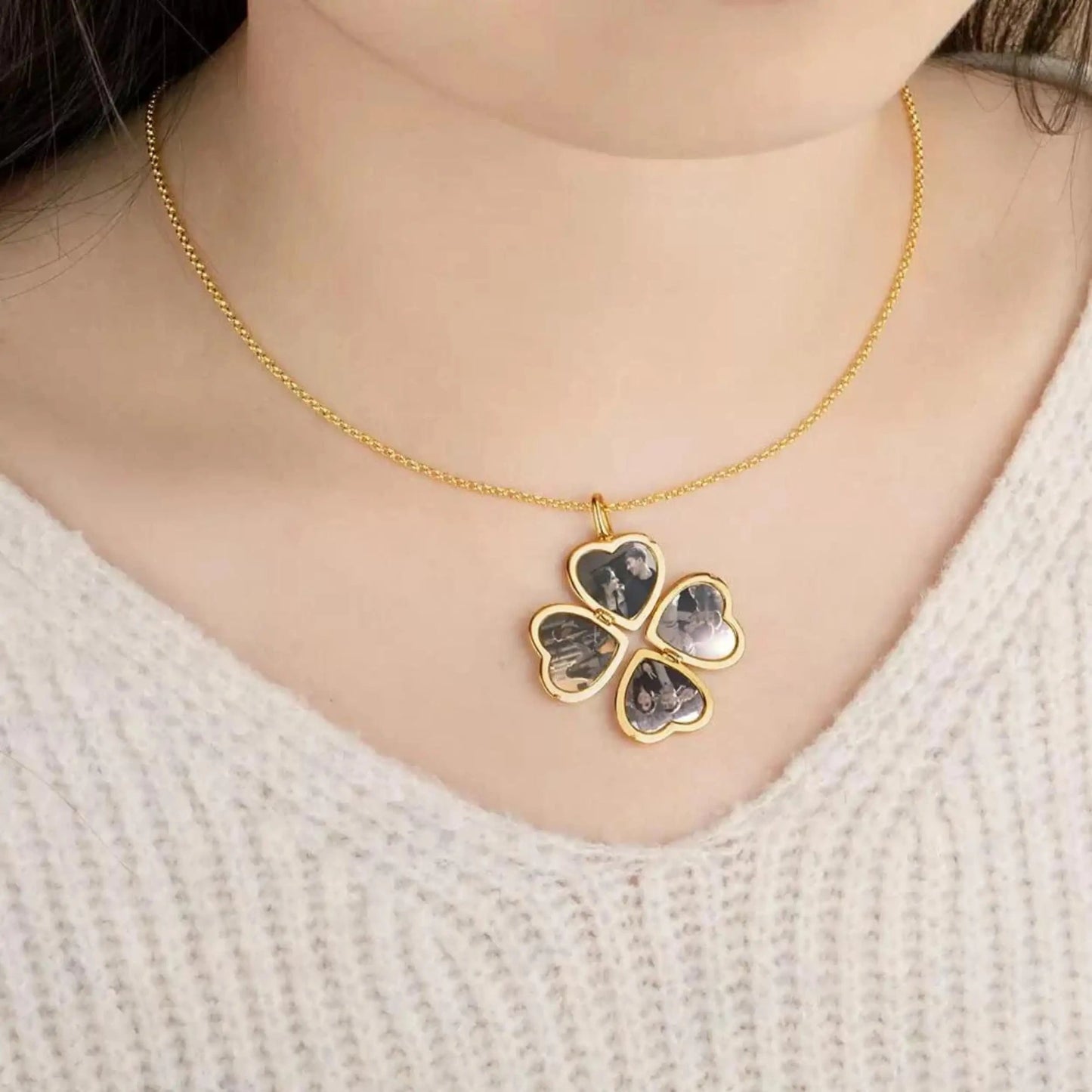 Four Picture Locket Necklace - Four Leaf Clover Heart Design With Personalized Photos