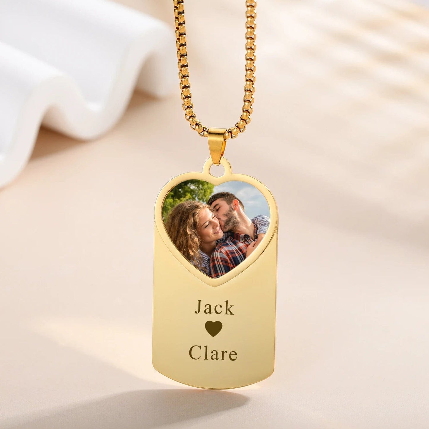 Engraved Dog Tag Necklace With Heart Photo