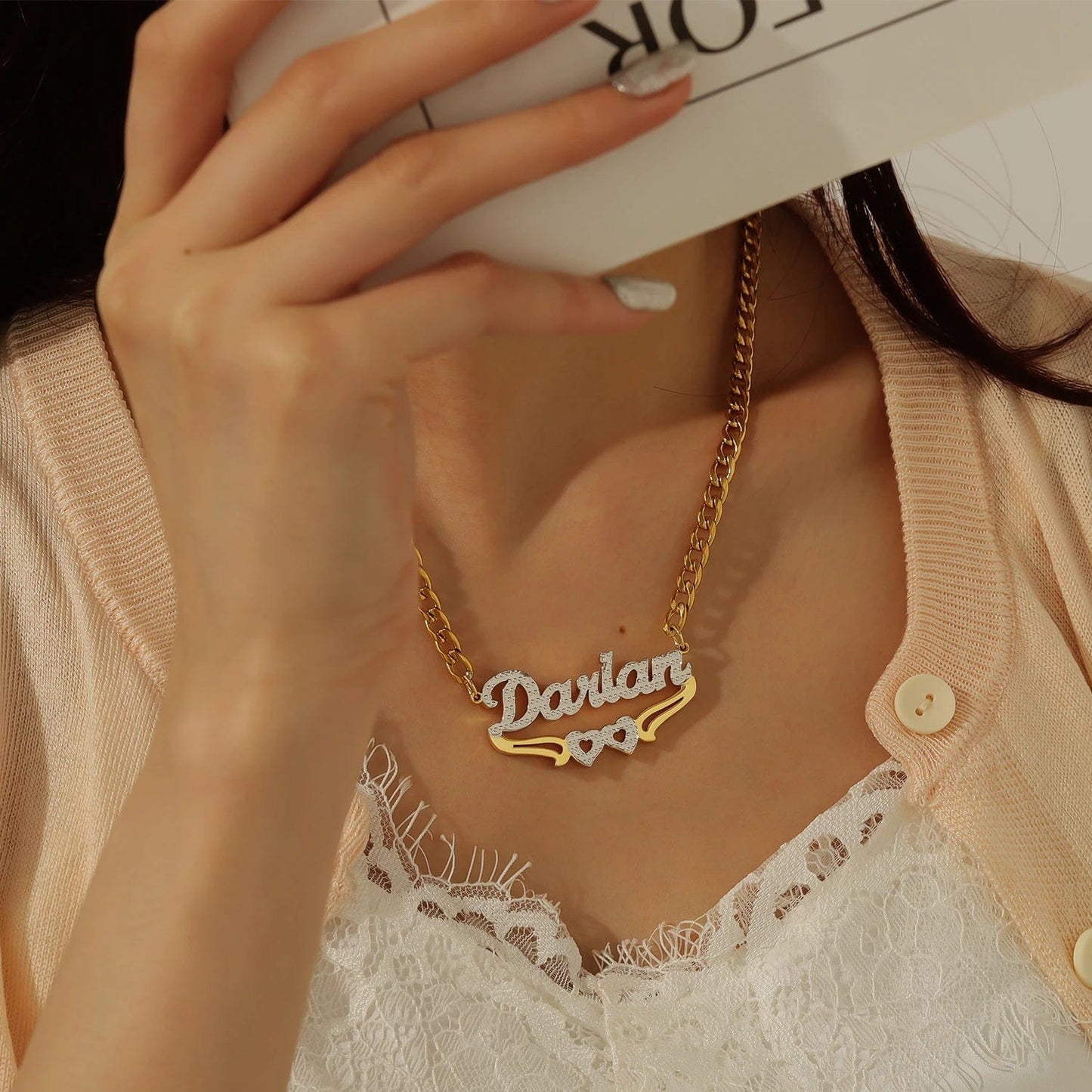 Custom Womens Double Plated Name Necklace With Two Heart Accent