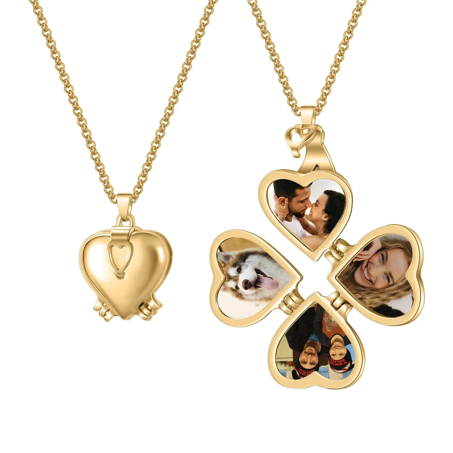 Four Picture Locket Necklace - Four Leaf Clover Heart Design With Personalized Photos