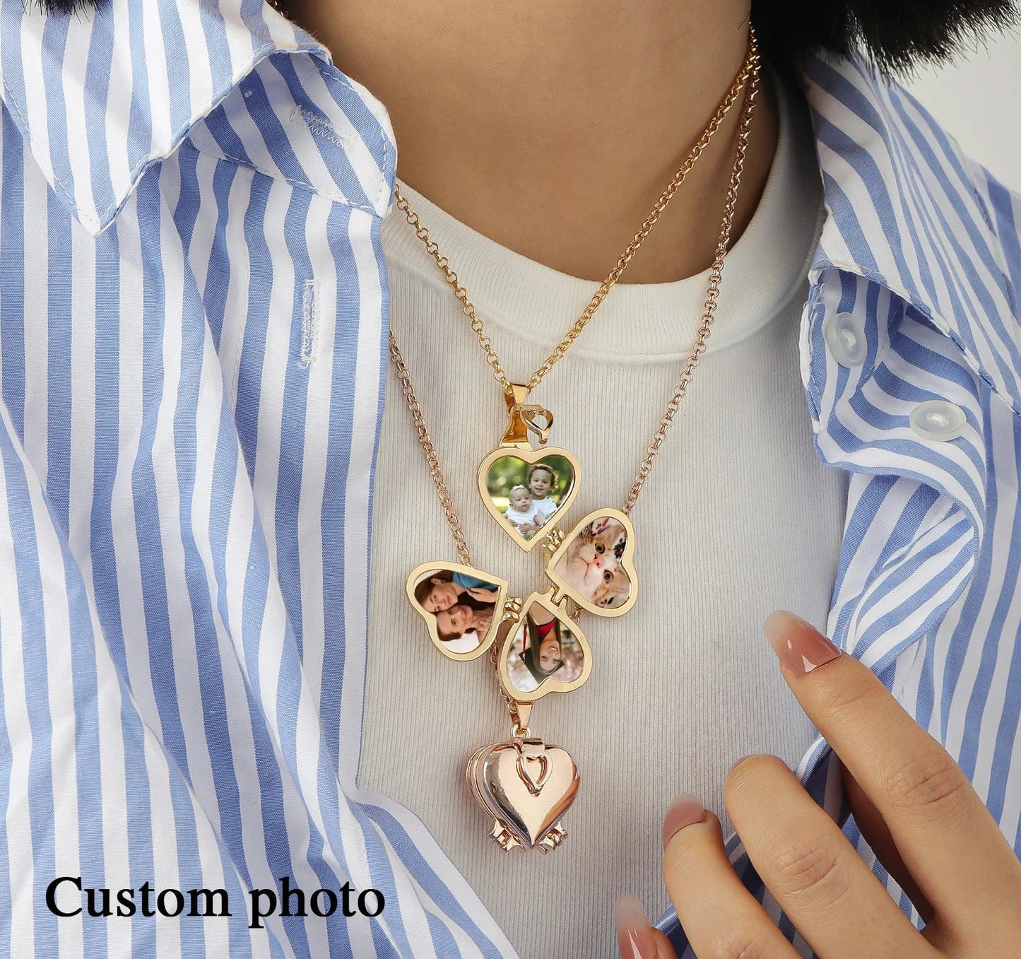 Four Picture Locket Necklace - Four Leaf Clover Heart Design With Personalized Photos