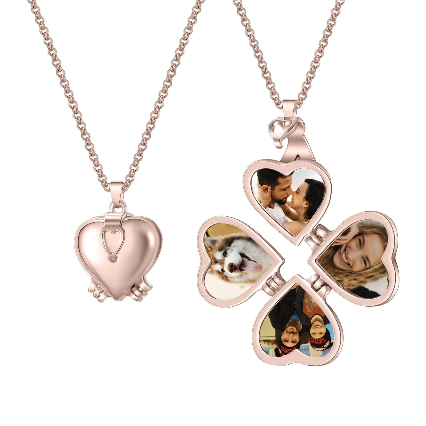 Four Picture Locket Necklace - Four Leaf Clover Heart Design With Personalized Photos