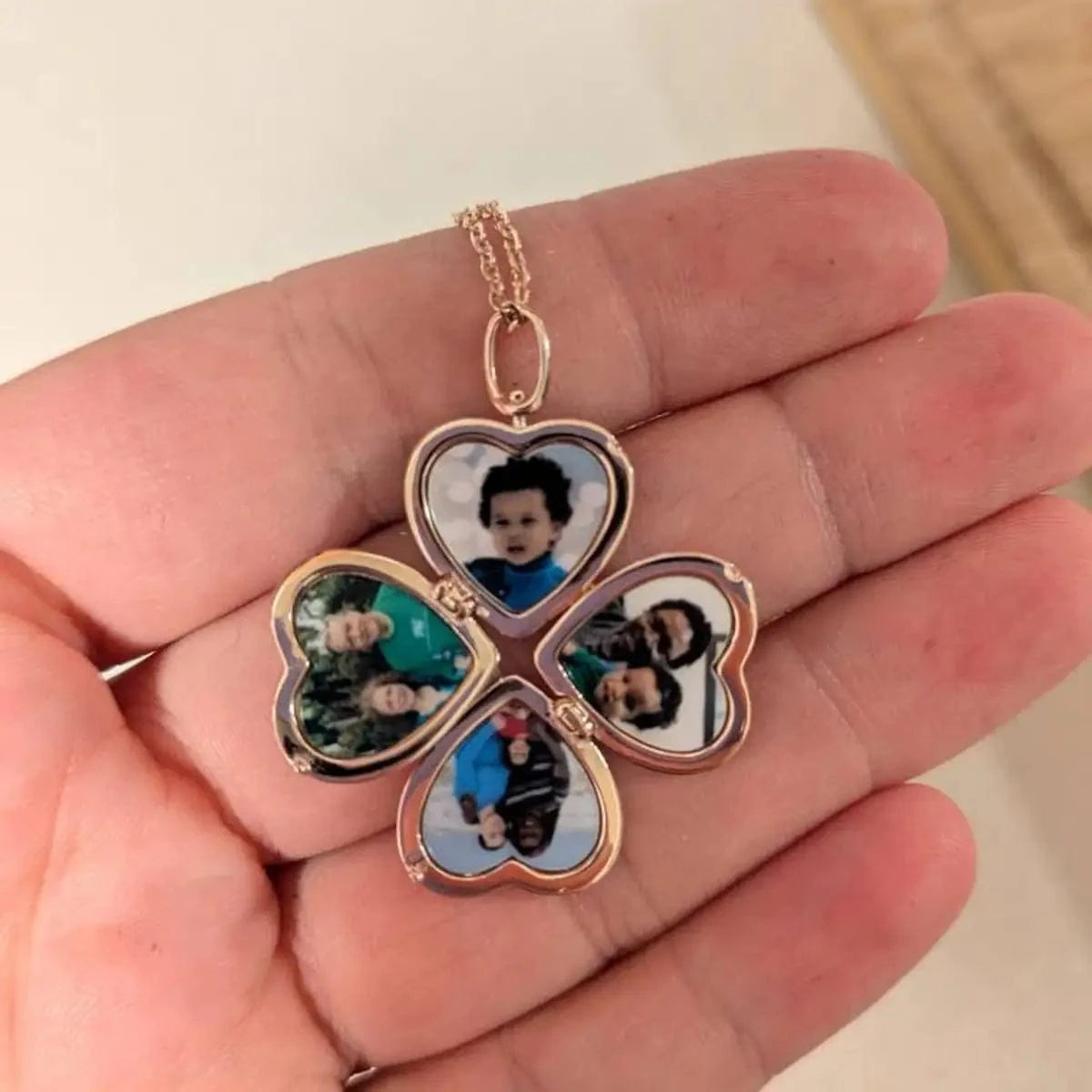 Four Picture Locket Necklace - Four Leaf Clover Heart Design With Personalized Photos