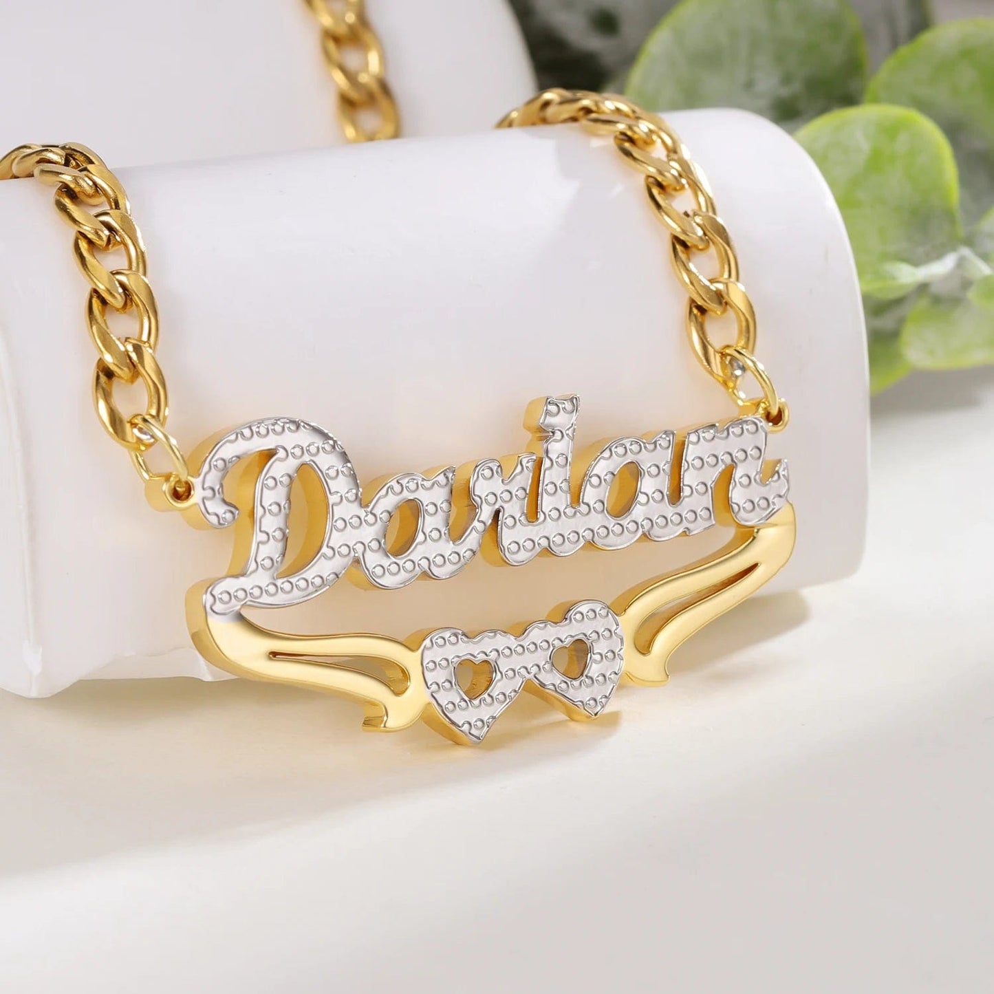 Custom Womens Double Plated Name Necklace With Two Heart Accent