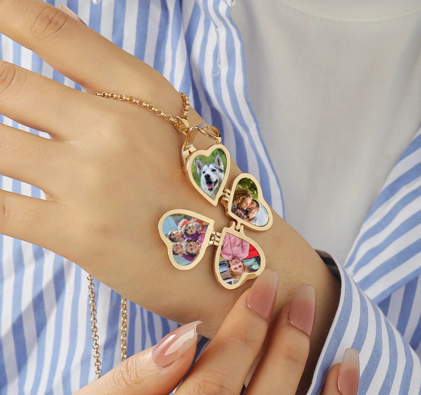 Four Picture Locket Necklace - Four Leaf Clover Heart Design With Personalized Photos