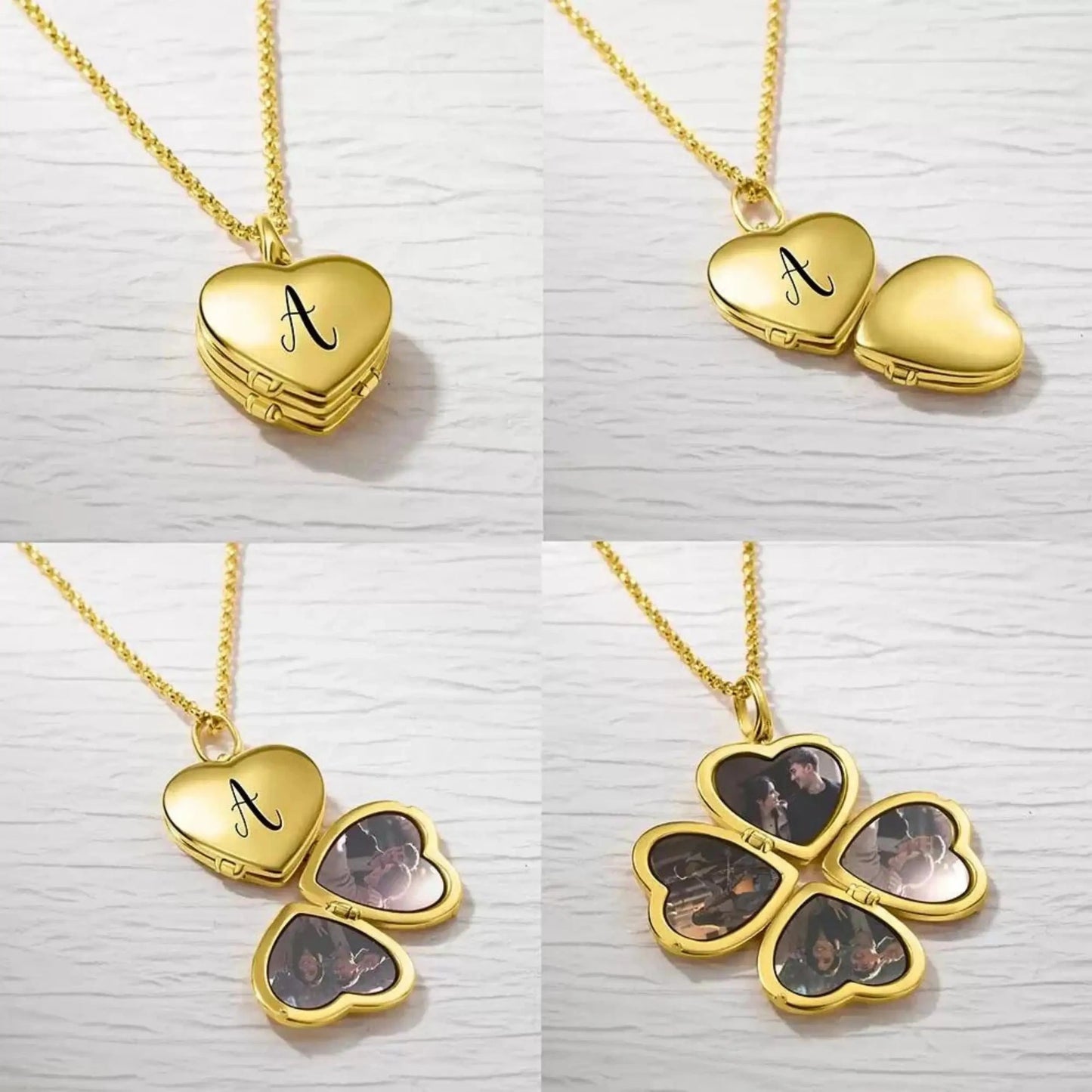 Four Picture Locket Necklace - Four Leaf Clover Heart Design With Personalized Photos