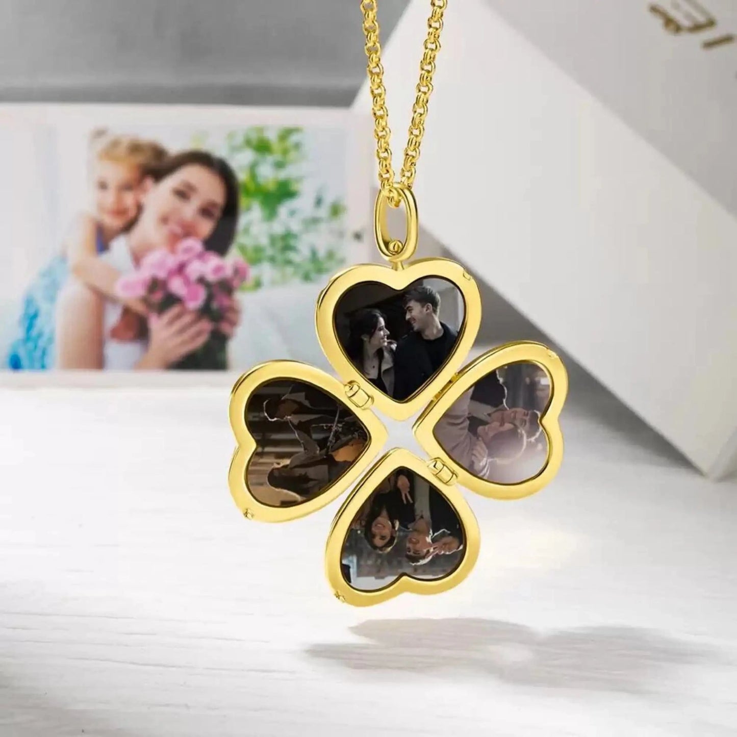 Four Picture Locket Necklace - Four Leaf Clover Heart Design With Personalized Photos