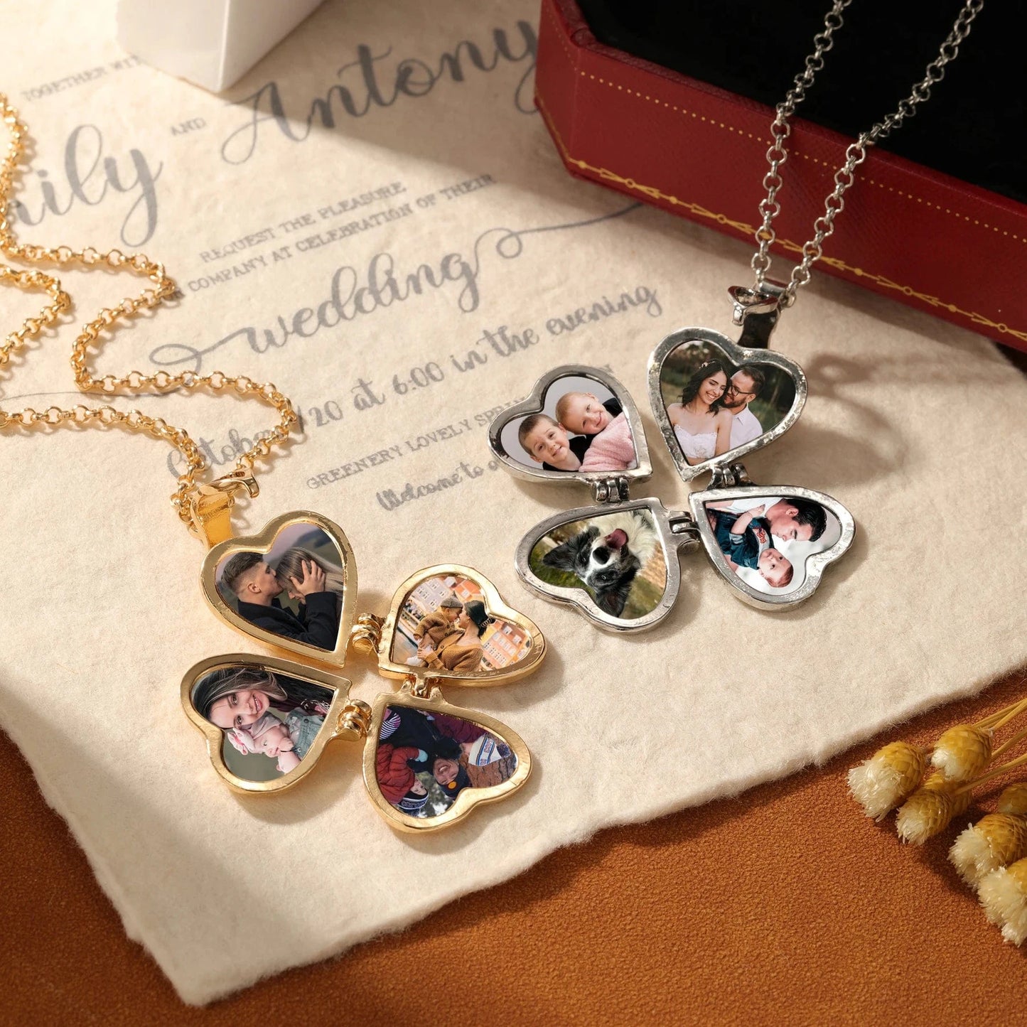 Four Picture Locket Necklace - Four Leaf Clover Heart Design With Personalized Photos