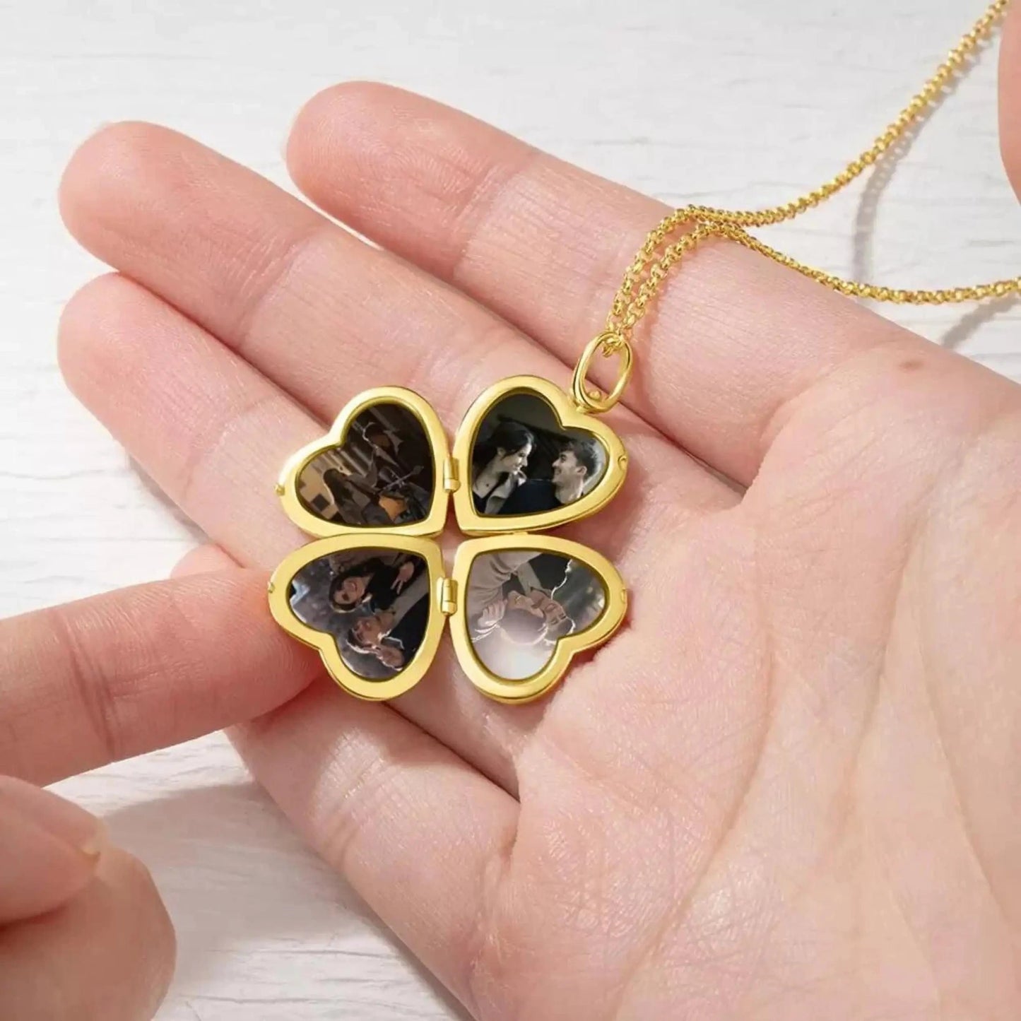 Four Picture Locket Necklace - Four Leaf Clover Heart Design With Personalized Photos