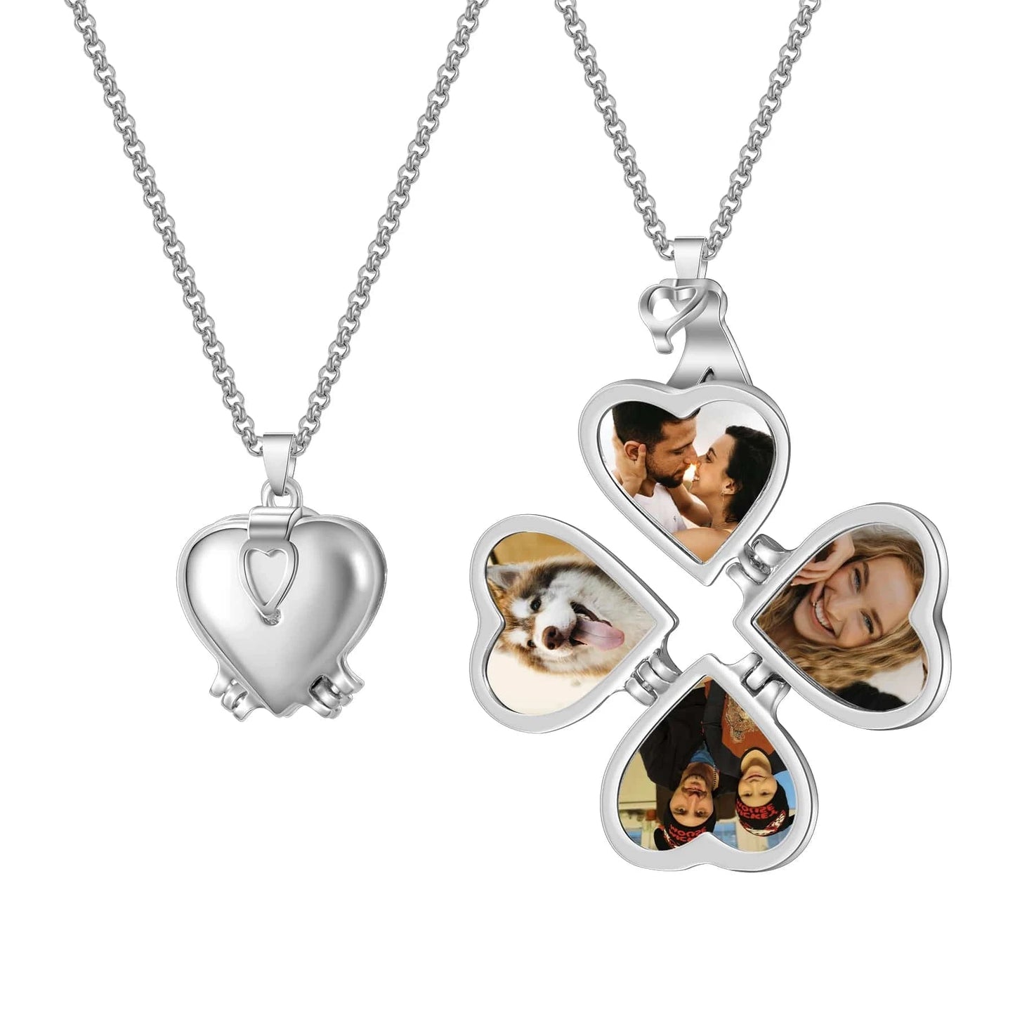 Four Picture Locket Necklace - Four Leaf Clover Heart Design With Personalized Photos