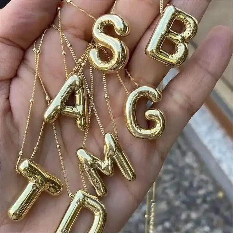 Gold Balloon Bubble Letter Initial Pendant Necklace