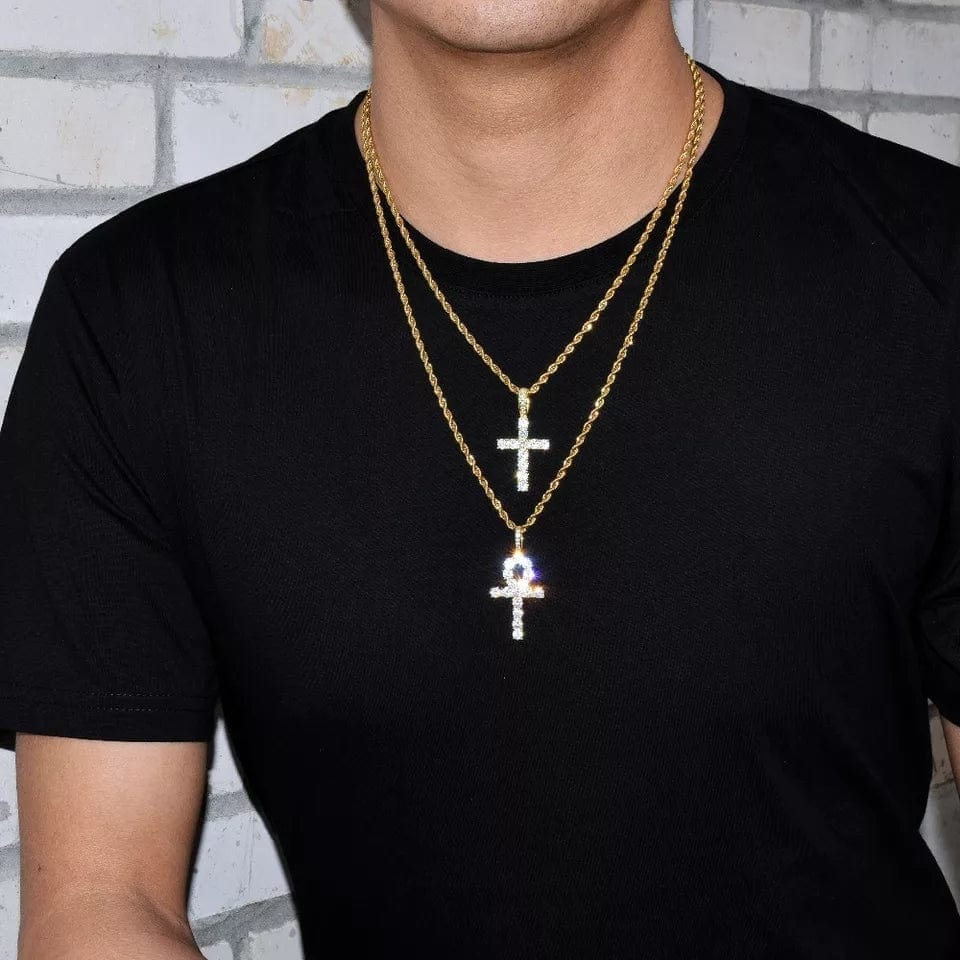 Gold Ankh/Cross Necklace Set With Zircon Diamonds