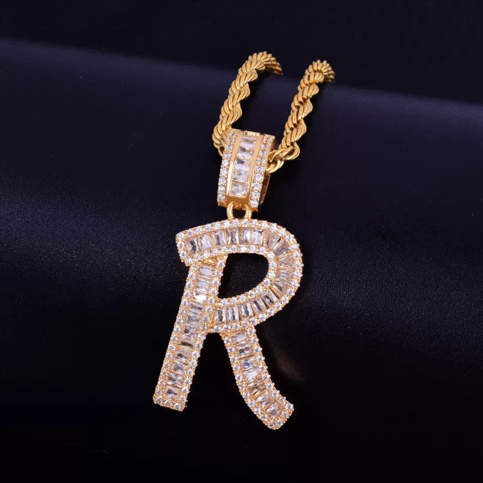 Baguette Initials Letters With CZ & Necklace