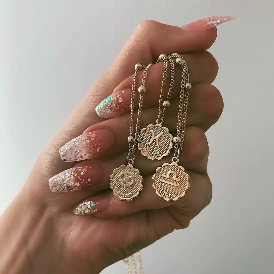 Sunburst Round 12 Zodiac Coin Pendant & Semi-Beaded Chain Necklace