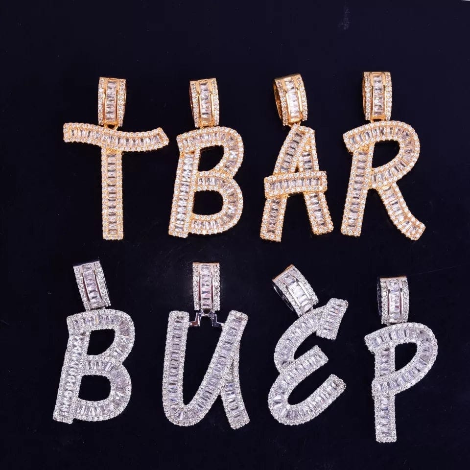 Baguette Initials Letters With CZ & Necklace