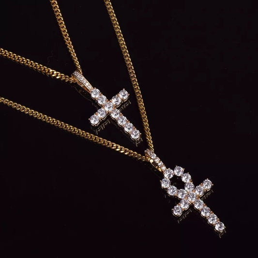 Gold Ankh/Cross Necklace Set With Zircon Diamonds