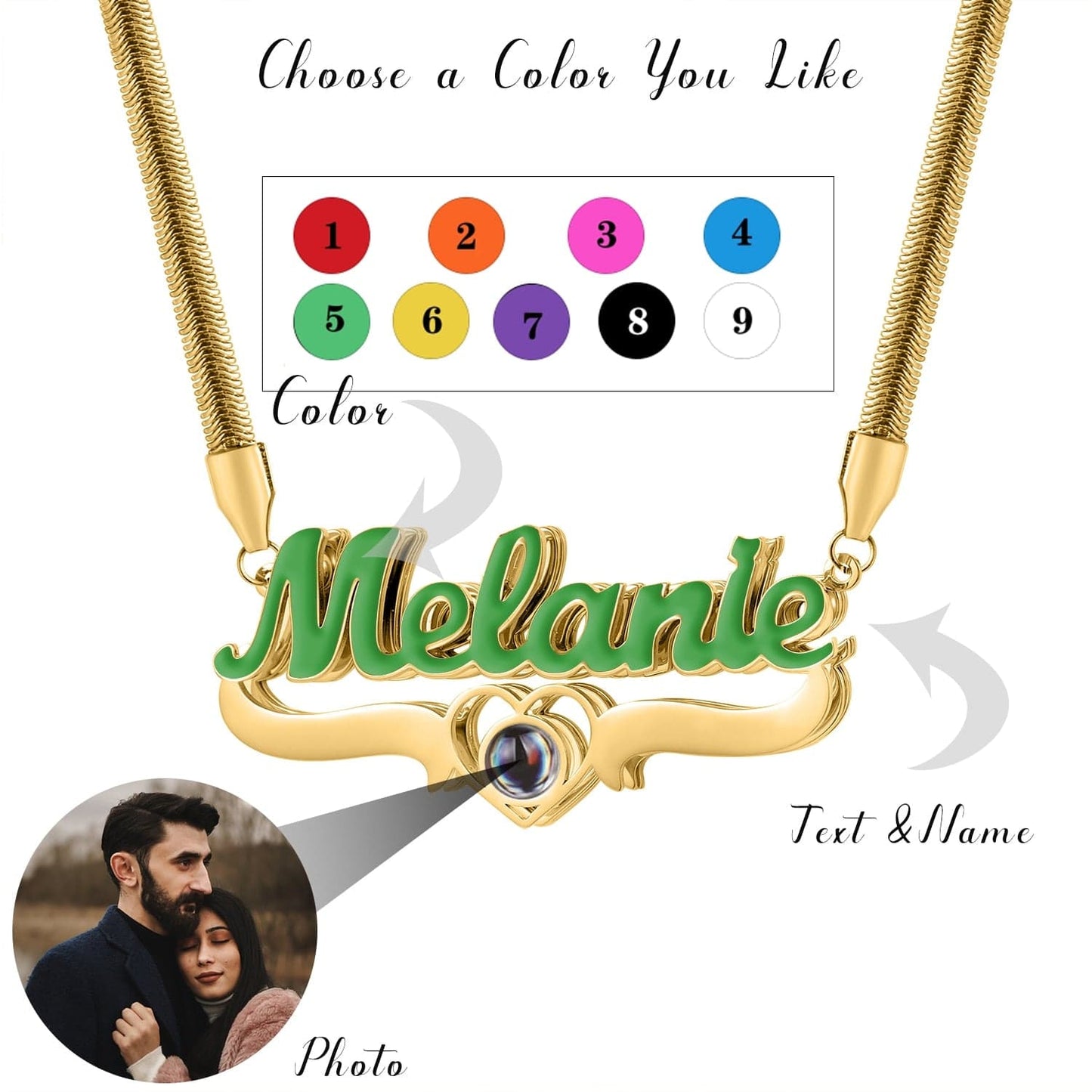 Collar con placa de nombre de proyección de foto dorada y esmalte de color personalizado