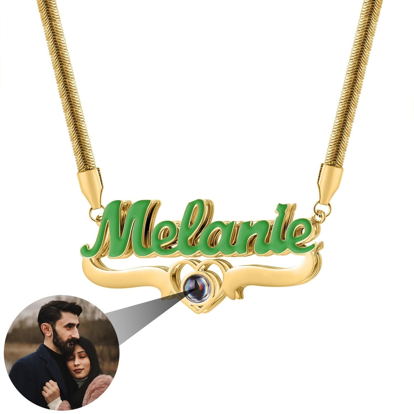 Collar con placa de nombre de proyección de foto dorada y esmalte de color personalizado