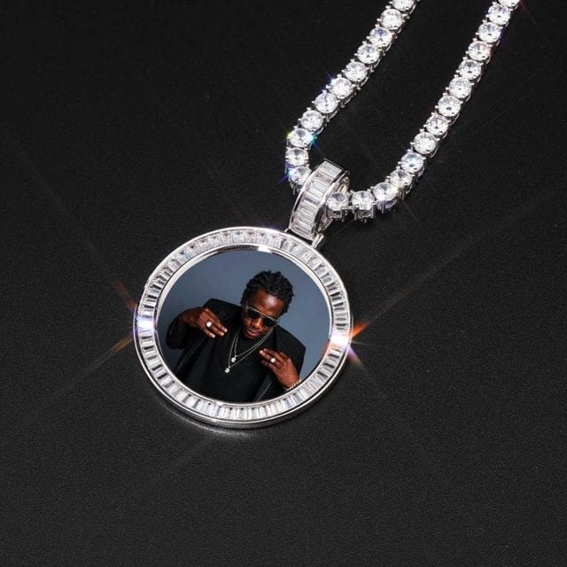 Gold Custom Picture Pendant Necklace With Baguette Border