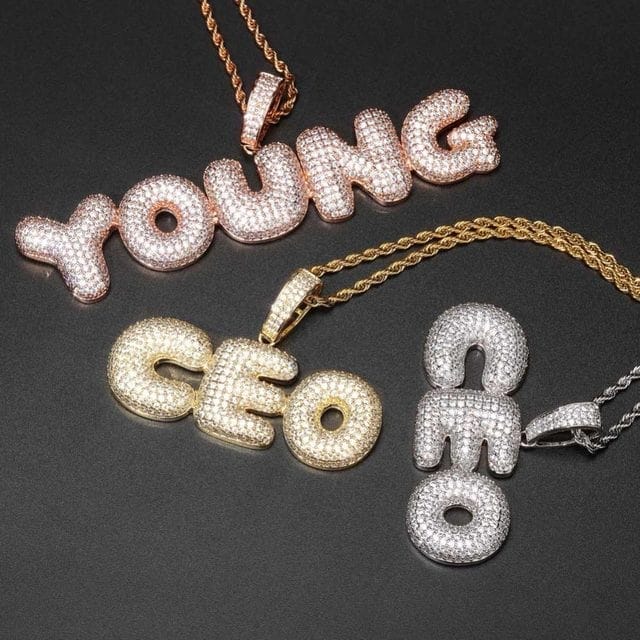 Bubble Letter Style Custom Name Pendant Necklace & AAA Zircon Diamonds