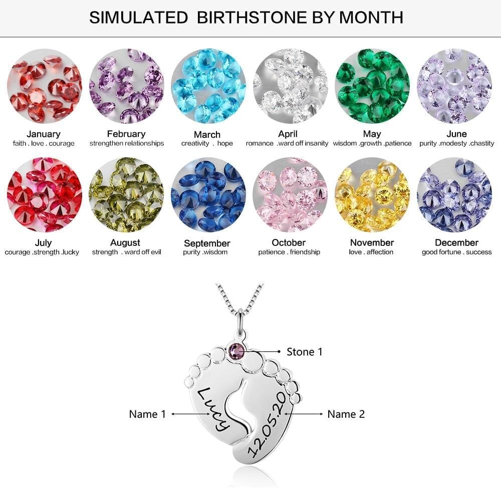 Personalized Silver Baby Feet Pendant & Necklace With Birthstone