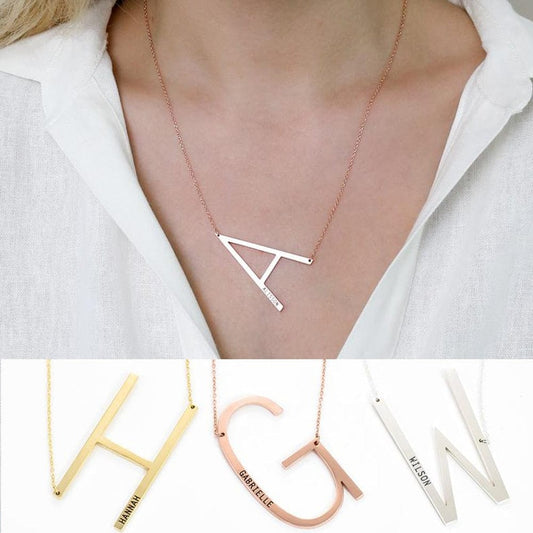 Sideways Engraved Large Initial Pendant Letter Necklace
