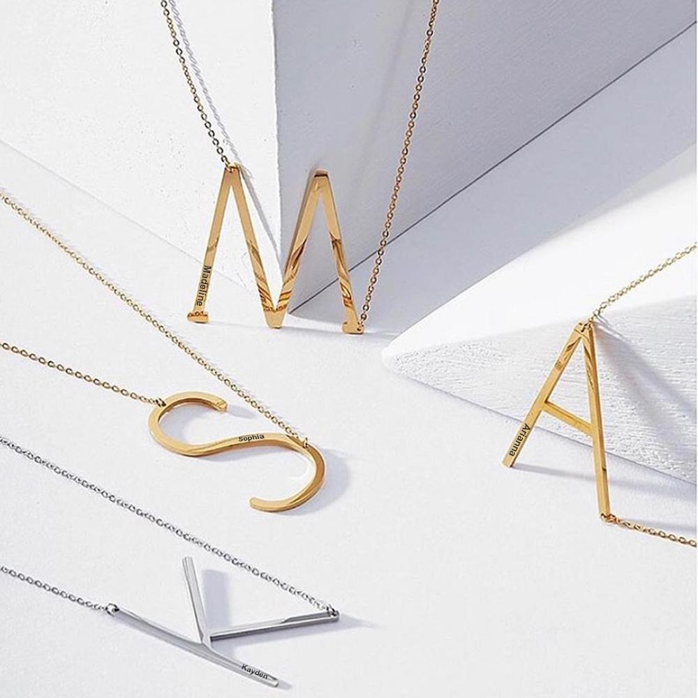 Sideways Engraved Large Initial Pendant Letter Necklace