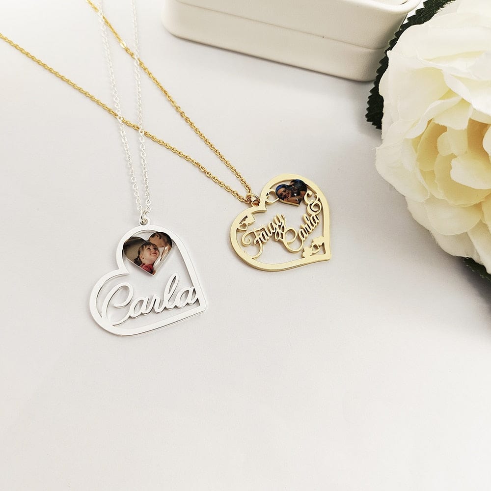 Custom Heart-Shaped Photo & Name Necklace
