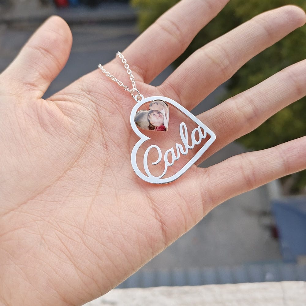Custom Heart-Shaped Photo & Name Necklace