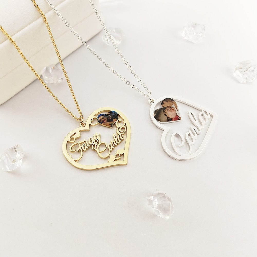 Custom Heart-Shaped Photo & Name Necklace