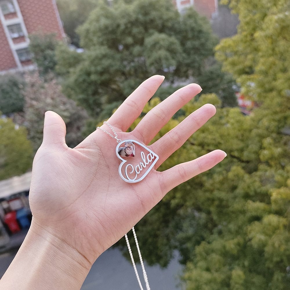 Custom Heart-Shaped Photo & Name Necklace