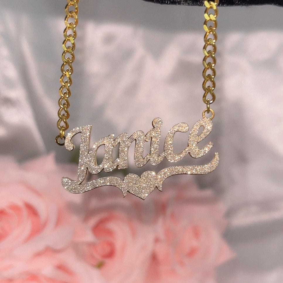 name plate necklace with diamonds