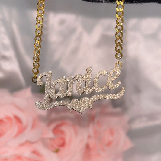 name plate necklace with diamonds