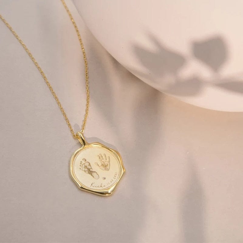 Gold Custom Engraved Newborn Footprint Necklace With Birth Stone