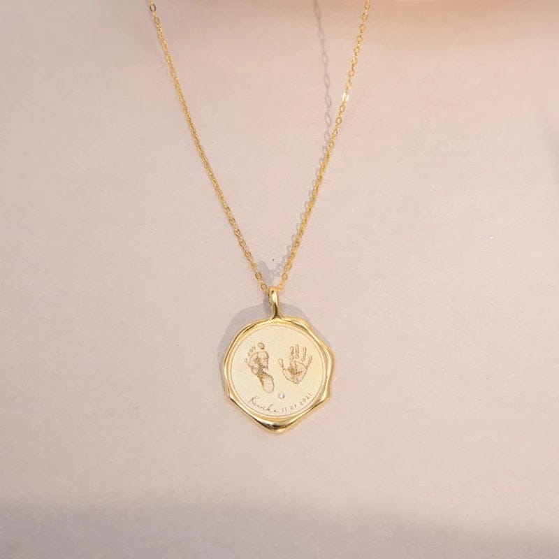 Gold Custom Engraved Newborn Footprint Necklace With Birth Stone