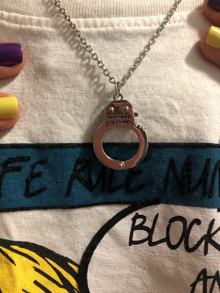 2 Piece BFF Necklaces: "Partners In Crime" Silver Hand Cuffs Necklace Set For Best Friends