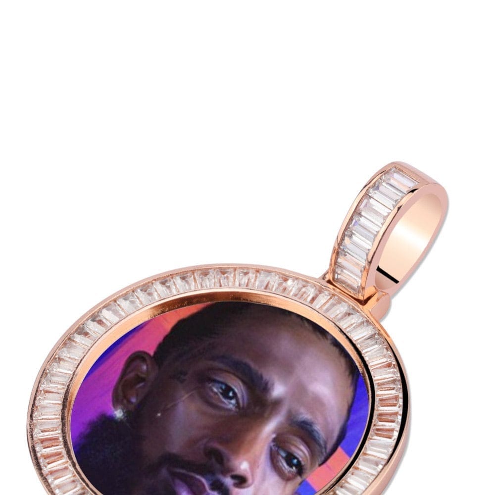 Gold Custom Picture Pendant Necklace With Baguette Border
