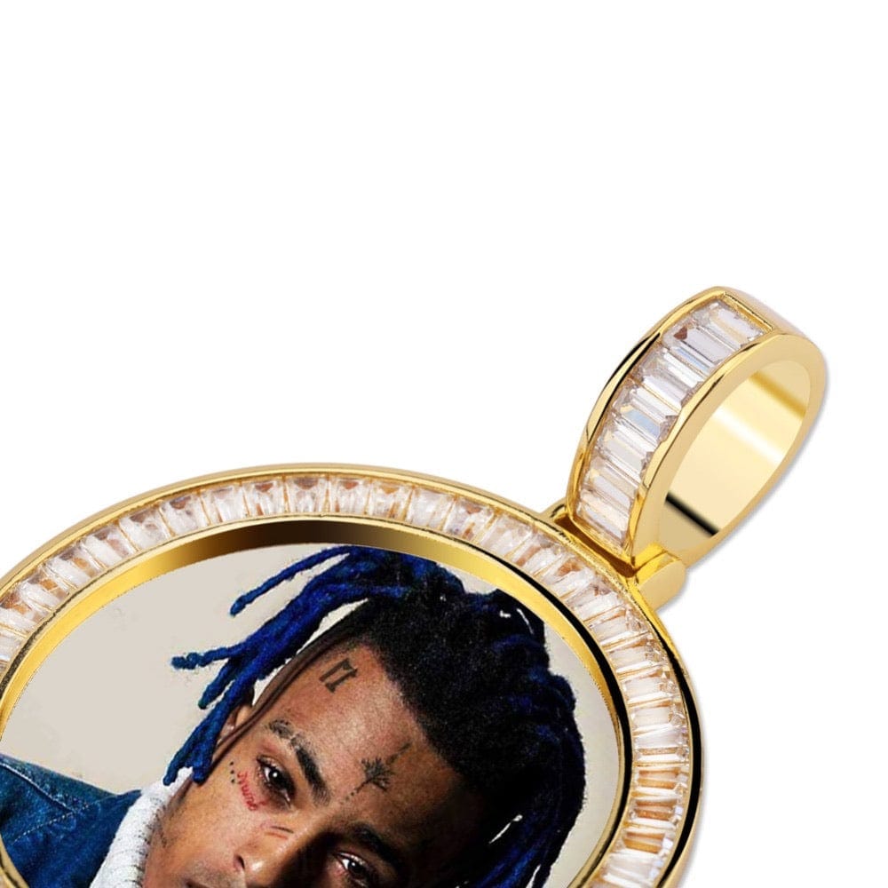Gold Custom Picture Pendant Necklace With Baguette Border