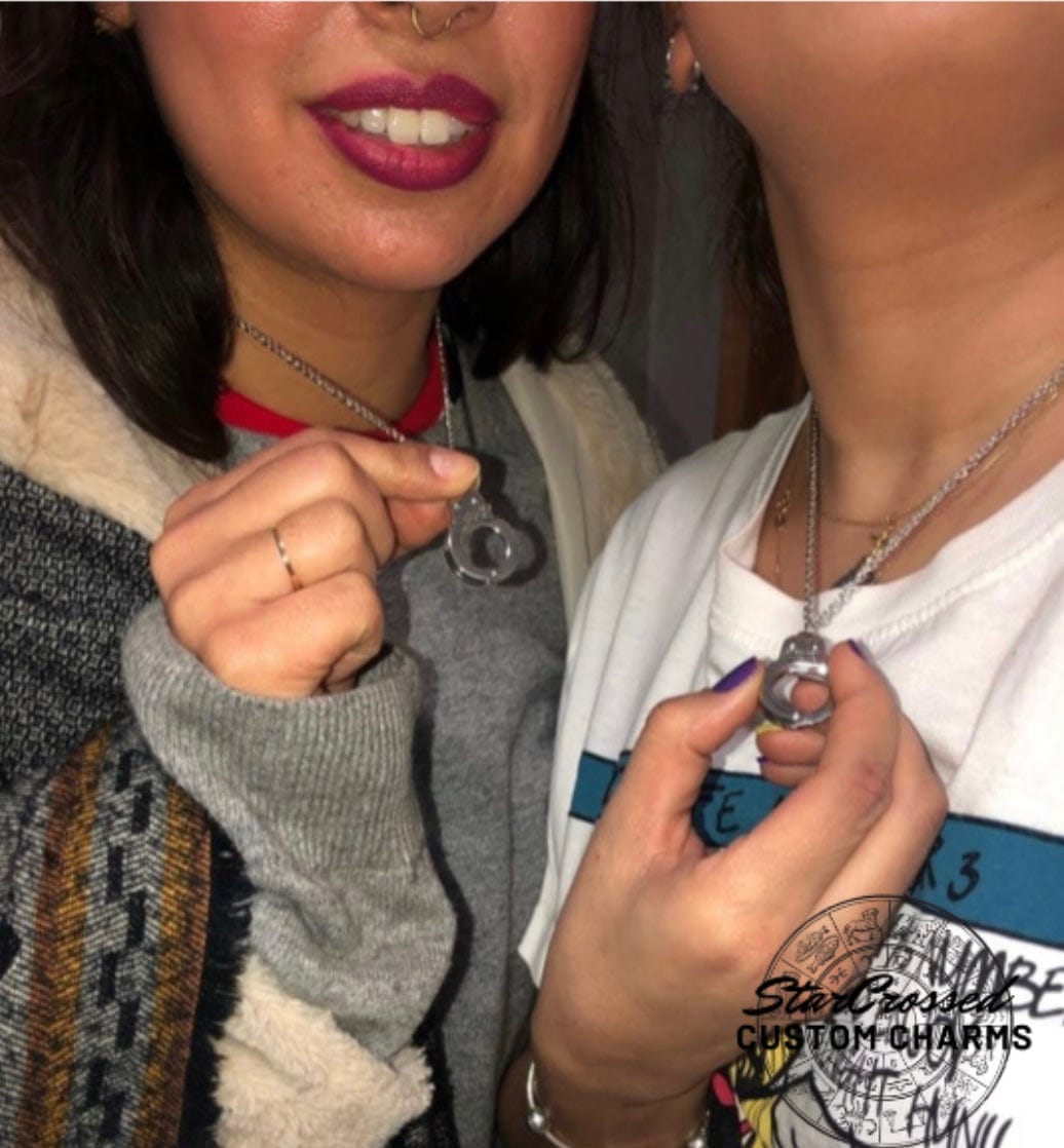2 Piece BFF Necklaces: "Partners In Crime" Silver Hand Cuffs Necklace Set For Best Friends