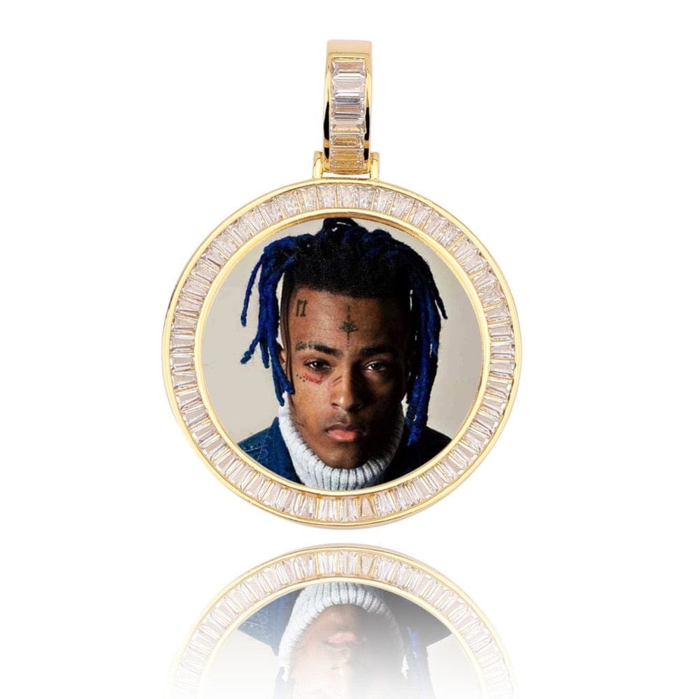 Gold Custom Picture Pendant Necklace With Baguette Border
