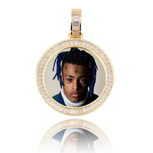 Gold Custom Picture Pendant Necklace With Baguette Border