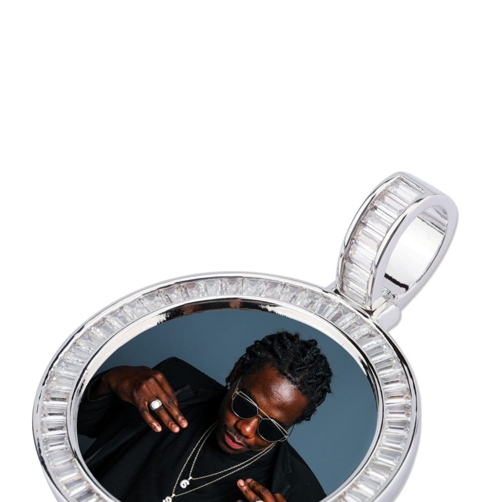 Gold Custom Picture Pendant Necklace With Baguette Border